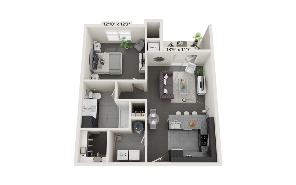 The Alpha - 1 bedroom floorplan layout with 1 bath and 704 square feet.