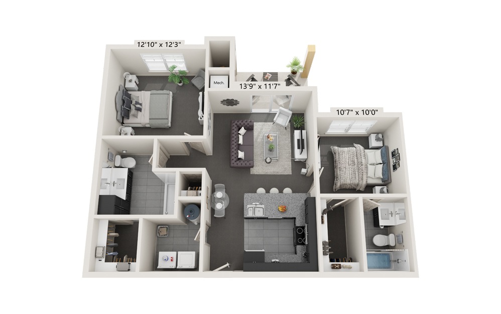 The Tango - 2 bedroom floorplan layout with 2 baths and 915 square feet.